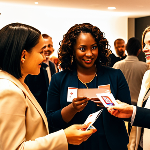 Home 4 **A diverse group of professionals at a vibrant networking event, exchanging business cards and engaging in lively conversations. The scene should convey a sense of opportunity and connection, with warm lighting and a modern setting.**