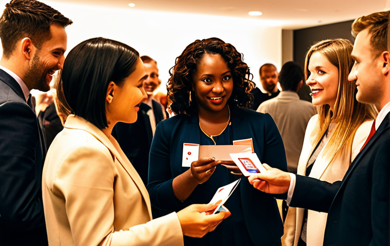 **A diverse group of professionals at a vibrant networking event, exchanging business cards and engaging in lively conversations. The scene should convey a sense of opportunity and connection, with warm lighting and a modern setting.**