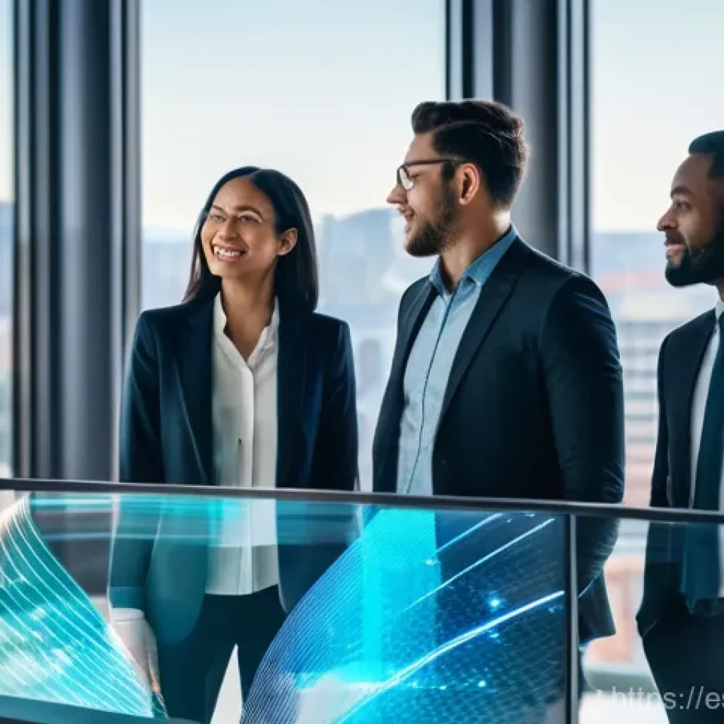 약한 연결을 통한 팀워크 증진하기 - **Prompt:** A diverse group of five professionals (two men, three women, representing various ethnic...