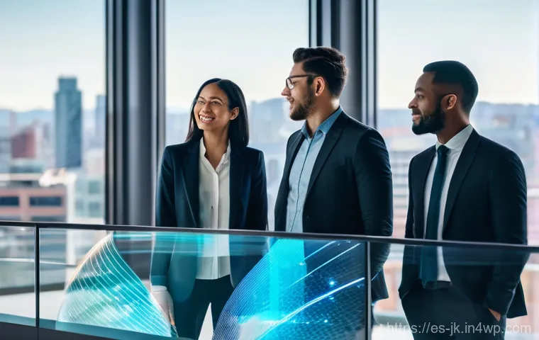 약한 연결을 통한 팀워크 증진하기 - **Prompt:** A diverse group of five professionals (two men, three women, representing various ethnic...