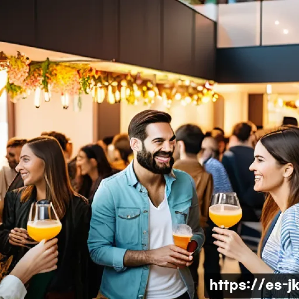 약한 연결로 새로운 친구 만들기 - A vibrant social gathering in a modern urban cultural center in Spain, featuring diverse adults casu...