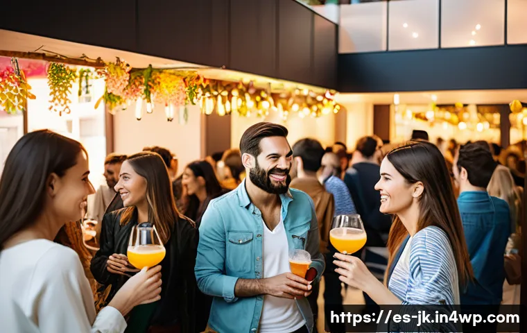 약한 연결로 새로운 친구 만들기 - A vibrant social gathering in a modern urban cultural center in Spain, featuring diverse adults casu...