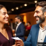 약한 연결을 통한 비즈니스 파트너십 구축하기 - A professional networking event scene in a modern, stylish conference hall in Spain, featuring diver...