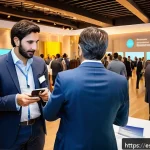 약한 연결을 활용한 글로벌 소통 전략 - A vibrant international business networking event in a modern conference hall in Spain, featuring di...