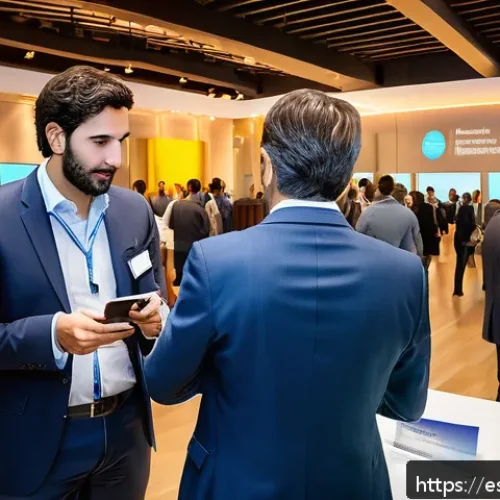 약한 연결을 활용한 글로벌 소통 전략 - A vibrant international business networking event in a modern conference hall in Spain, featuring di...