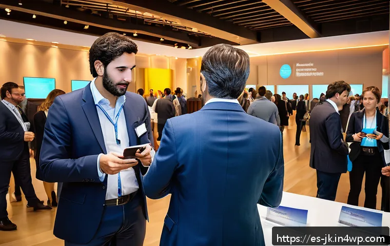 약한 연결을 활용한 글로벌 소통 전략 - A vibrant international business networking event in a modern conference hall in Spain, featuring di...