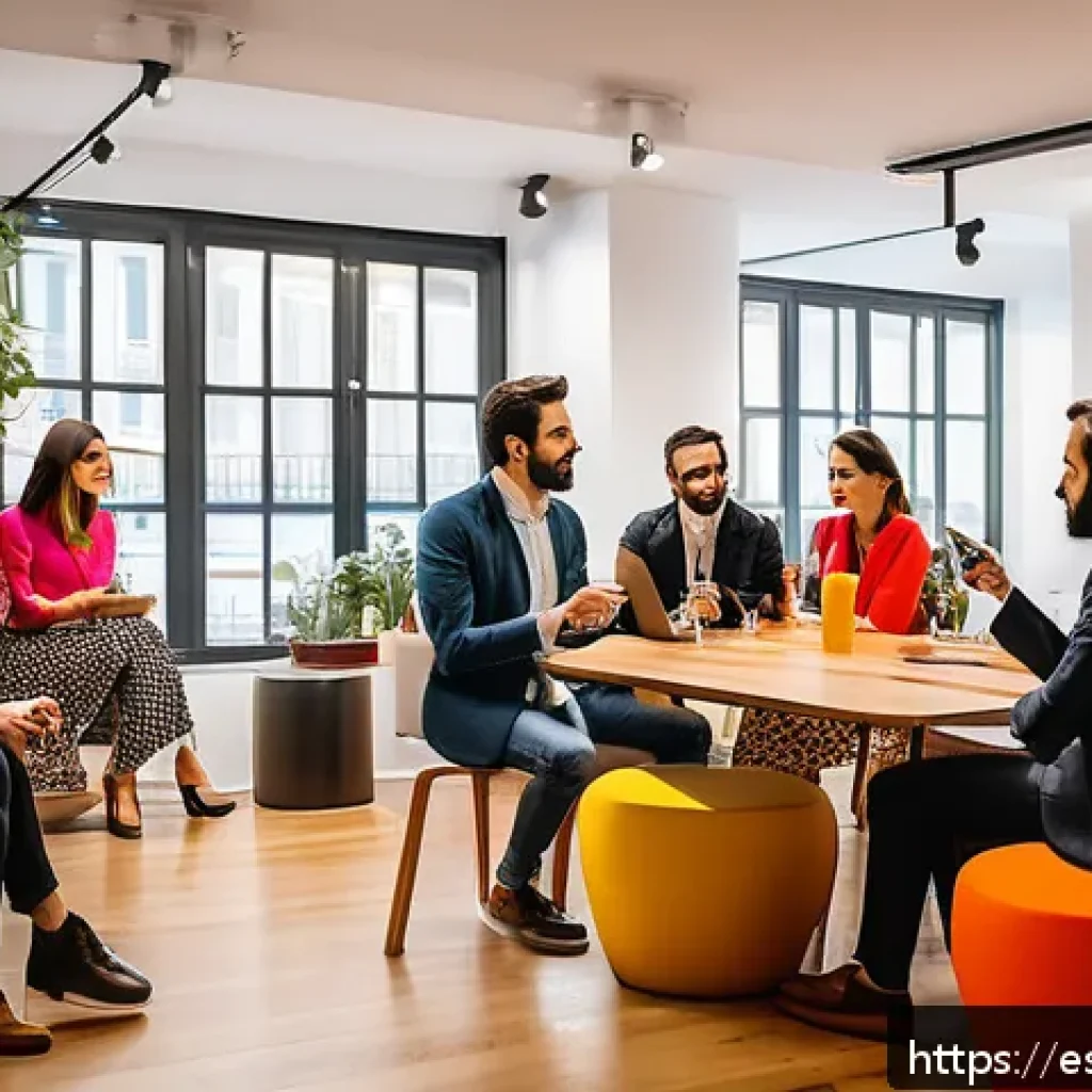 약한 연결의 효과적인 극복 방법 - A vibrant networking event in a modern coworking space in Madrid, featuring diverse professionals in...