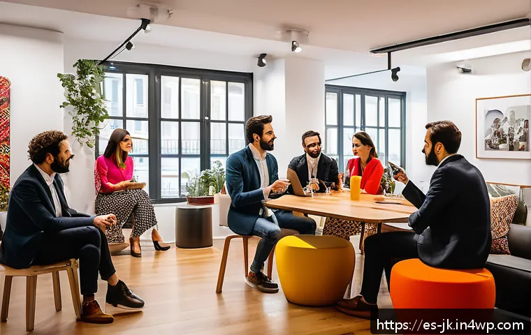 약한 연결의 효과적인 극복 방법 - A vibrant networking event in a modern coworking space in Madrid, featuring diverse professionals in...